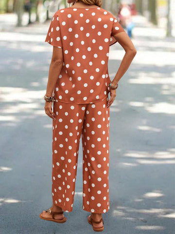 EMERY ROSE Summer Polka Dot Print Round Neck Short-Sleeved Top And Long Pants Set EMERY ROSE Summer Polka Dot Print Round Neck Short-Sleeved Top And Long Pants Set