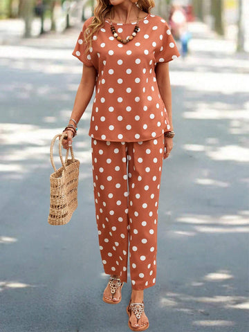EMERY ROSE Summer Polka Dot Print Round Neck Short-Sleeved Top And Long Pants Set EMERY ROSE Summer Polka Dot Print Round Neck Short-Sleeved Top And Long Pants Set