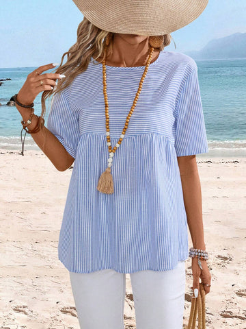 EMERY ROSE Summer Striped Doll Top, Bohemian Style Women's Shirt Perfect For Outings EMERY ROSE Summer Striped Doll Top, Bohemian Style Women's Shirt Perfect For Outings