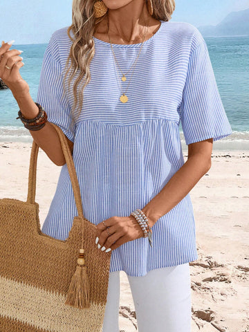 EMERY ROSE Summer Striped Doll Top, Bohemian Style Women's Shirt Perfect For Outings EMERY ROSE Summer Striped Doll Top, Bohemian Style Women's Shirt Perfect For Outings