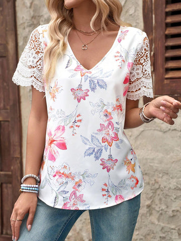 EMERY ROSE V-Neck Floral Lace Patchwork Short Sleeve Curved Hem Women's Casual Summer Top Shirt EMERY ROSE V-Neck Floral Lace Patchwork Short Sleeve Curved Hem Women's Casual Summer Top Shirt