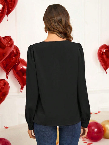 EMERY ROSE Valentine's Day Women's Bubble Long Sleeve Metal Decor Round Neck Blouse In Red EMERY ROSE Valentine's Day Women's Bubble Long Sleeve Metal Decor Round Neck Blouse In Red