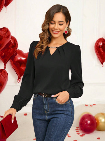 EMERY ROSE Valentine's Day Women's Bubble Long Sleeve Metal Decor Round Neck Blouse In Red EMERY ROSE Valentine's Day Women's Bubble Long Sleeve Metal Decor Round Neck Blouse In Red
