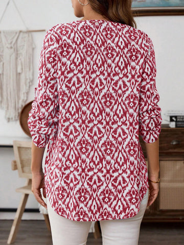 EMERY ROSE Women All-Over Print V-Neck Casual Rolled Sleeve Blouse EMERY ROSE Women All-Over Print V-Neck Casual Rolled Sleeve Blouse