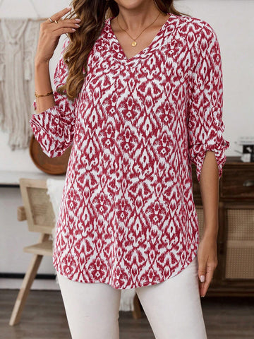 EMERY ROSE Women All-Over Print V-Neck Casual Rolled Sleeve Blouse EMERY ROSE Women All-Over Print V-Neck Casual Rolled Sleeve Blouse
