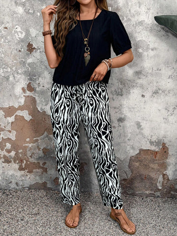 EMERY ROSE Women Black Round Neck Top And Zebra Print Pants Set With Two Feet, Summer EMERY ROSE Women Black Round Neck Top And Zebra Print Pants Set With Two Feet, Summer
