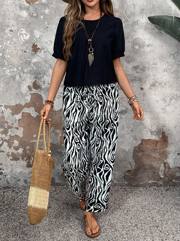 EMERY ROSE Women Black Round Neck Top And Zebra Print Pants Set With Two Feet, Summer EMERY ROSE Women Black Round Neck Top And Zebra Print Pants Set With Two Feet, Summer