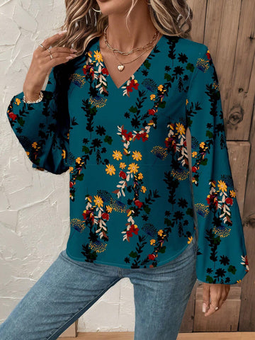EMERY ROSE Women Casual Floral Print Lantern Sleeve Blouse, Suitable For Autumn/Winter EMERY ROSE Women Casual Floral Print Lantern Sleeve Blouse, Suitable For Autumn/Winter