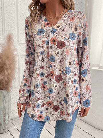 EMERY ROSE Women Casual Floral Print V-Neck Curved Hem Blouse, Autumn EMERY ROSE Women Casual Floral Print V-Neck Curved Hem Blouse, Autumn
