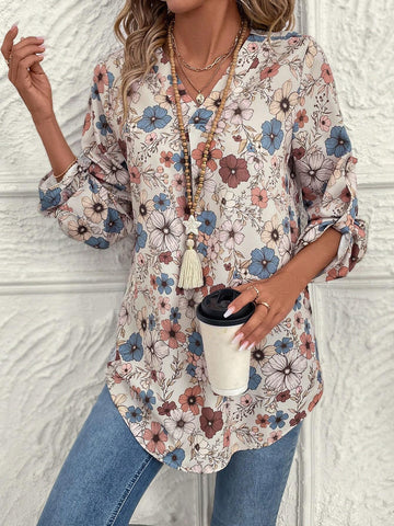 EMERY ROSE Women Casual Floral Print V-Neck Curved Hem Blouse, Autumn EMERY ROSE Women Casual Floral Print V-Neck Curved Hem Blouse, Autumn