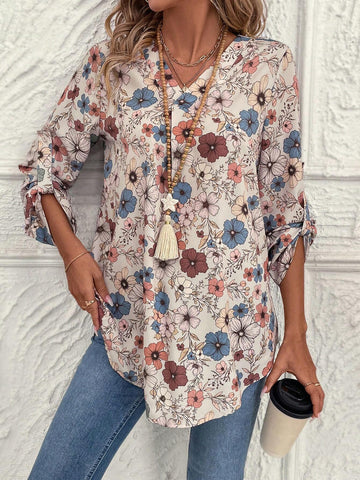 EMERY ROSE Women Casual Floral Print V-Neck Curved Hem Blouse, Autumn EMERY ROSE Women Casual Floral Print V-Neck Curved Hem Blouse, Autumn