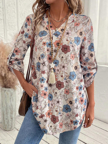 EMERY ROSE Women Casual Floral Print V-Neck Curved Hem Blouse, Autumn EMERY ROSE Women Casual Floral Print V-Neck Curved Hem Blouse, Autumn