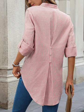 EMERY ROSE Women Casual Striped V Neck Roll Up Sleeve Blouse For Autumn EMERY ROSE Women Casual Striped V Neck Roll Up Sleeve Blouse For Autumn