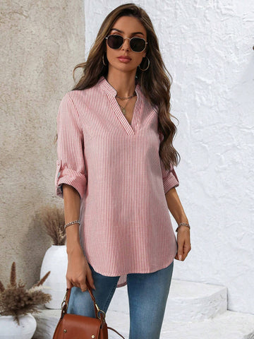 EMERY ROSE Women Casual Striped V Neck Roll Up Sleeve Blouse For Autumn EMERY ROSE Women Casual Striped V Neck Roll Up Sleeve Blouse For Autumn