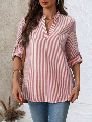 EMERY ROSE Women Casual Striped V Neck Roll Up Sleeve Blouse For Autumn EMERY ROSE Women Casual Striped V Neck Roll Up Sleeve Blouse For Autumn