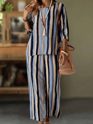 EMERY ROSE Women Fashionable Color Block Vertical Striped Top And Pants Set EMERY ROSE Women Fashionable Color Block Vertical Striped Top And Pants Set