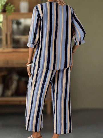 EMERY ROSE Women Fashionable Color Block Vertical Striped Top And Pants Set EMERY ROSE Women Fashionable Color Block Vertical Striped Top And Pants Set