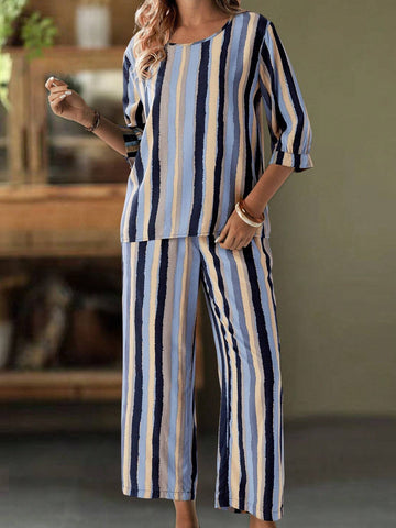 EMERY ROSE Women Fashionable Color Block Vertical Striped Top And Pants Set EMERY ROSE Women Fashionable Color Block Vertical Striped Top And Pants Set