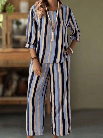 EMERY ROSE Women Fashionable Color Block Vertical Striped Top And Pants Set EMERY ROSE Women Fashionable Color Block Vertical Striped Top And Pants Set