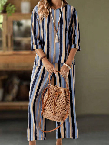 EMERY ROSE Women Fashionable Color Block Vertical Striped Top And Pants Set EMERY ROSE Women Fashionable Color Block Vertical Striped Top And Pants Set