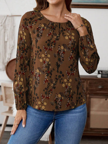 EMERY ROSE Women Floral Print Round Neck Casual Long Sleeve Blouse EMERY ROSE Women Floral Print Round Neck Casual Long Sleeve Blouse