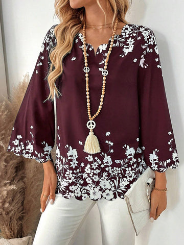 EMERY ROSE Women Floral Print V-Neck 3/4 Sleeve Loose Blouse EMERY ROSE Women Floral Print V-Neck 3/4 Sleeve Loose Blouse