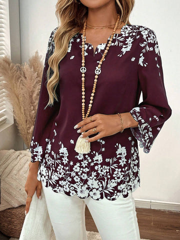 EMERY ROSE Women Floral Print V-Neck 3/4 Sleeve Loose Blouse EMERY ROSE Women Floral Print V-Neck 3/4 Sleeve Loose Blouse