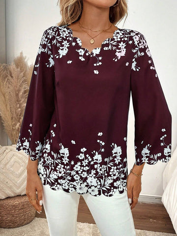 EMERY ROSE Women Floral Print V-Neck 3/4 Sleeve Loose Blouse EMERY ROSE Women Floral Print V-Neck 3/4 Sleeve Loose Blouse
