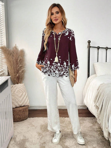 EMERY ROSE Women Floral Print V-Neck 3/4 Sleeve Loose Blouse EMERY ROSE Women Floral Print V-Neck 3/4 Sleeve Loose Blouse