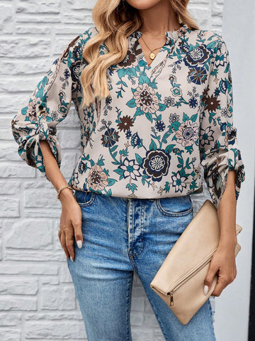 EMERY ROSE Women Floral Print V-Neck Roll-Up Sleeve Casual Shirt For Holiday EMERY ROSE Women Floral Print V-Neck Roll-Up Sleeve Casual Shirt For Holiday