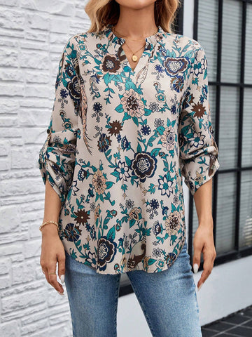 EMERY ROSE Women Floral Print V-Neck Roll-Up Sleeve Casual Shirt For Holiday EMERY ROSE Women Floral Print V-Neck Roll-Up Sleeve Casual Shirt For Holiday