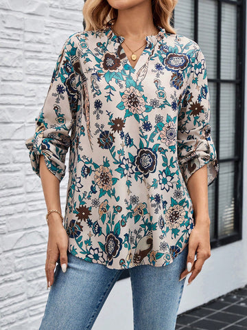 EMERY ROSE Women Floral Print V-Neck Roll-Up Sleeve Casual Shirt For Holiday EMERY ROSE Women Floral Print V-Neck Roll-Up Sleeve Casual Shirt For Holiday