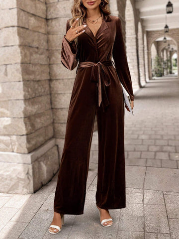 EMERY ROSE Women Lapel Collar Belted Wide Leg Velvet Jumpsuit EMERY ROSE Women Lapel Collar Belted Wide Leg Velvet Jumpsuit