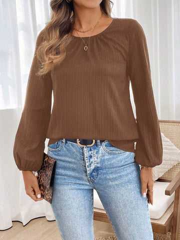 EMERY ROSE Women Solid Color Round Neck Long Sleeve Pleated Loose Casual Blouse, Autumn EMERY ROSE Women Solid Color Round Neck Long Sleeve Pleated Loose Casual Blouse, Autumn