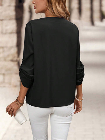 EMERY ROSE Women Solid Color V-Neck Casual Rolled-Up Sleeve Blouse EMERY ROSE Women Solid Color V-Neck Casual Rolled-Up Sleeve Blouse