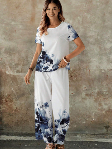EMERY ROSE Women Summer Holiday Flower Print Round Neck Short Sleeve Top And Loose Casual Pants Set EMERY ROSE Women Summer Holiday Flower Print Round Neck Short Sleeve Top And Loose Casual Pants Set