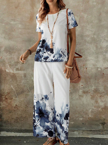EMERY ROSE Women Summer Holiday Flower Print Round Neck Short Sleeve Top And Loose Casual Pants Set EMERY ROSE Women Summer Holiday Flower Print Round Neck Short Sleeve Top And Loose Casual Pants Set