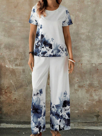EMERY ROSE Women Summer Holiday Flower Print Round Neck Short Sleeve Top And Loose Casual Pants Set EMERY ROSE Women Summer Holiday Flower Print Round Neck Short Sleeve Top And Loose Casual Pants Set