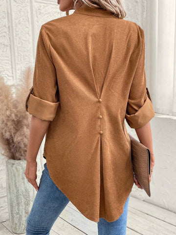 EMERY ROSE Women V-Neck Roll Sleeve Casual Shirt, Solid Color, Minimalist And Stylish EMERY ROSE Women V-Neck Roll Sleeve Casual Shirt, Solid Color, Minimalist And Stylish