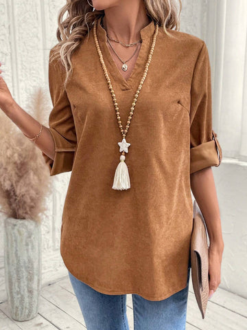 EMERY ROSE Women V-Neck Roll Sleeve Casual Shirt, Solid Color, Minimalist And Stylish EMERY ROSE Women V-Neck Roll Sleeve Casual Shirt, Solid Color, Minimalist And Stylish
