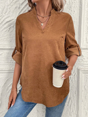 EMERY ROSE Women V-Neck Roll Sleeve Casual Shirt, Solid Color, Minimalist And Stylish EMERY ROSE Women V-Neck Roll Sleeve Casual Shirt, Solid Color, Minimalist And Stylish