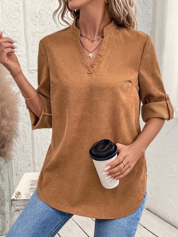 EMERY ROSE Women V-Neck Roll Sleeve Casual Shirt, Solid Color, Minimalist And Stylish EMERY ROSE Women V-Neck Roll Sleeve Casual Shirt, Solid Color, Minimalist And Stylish