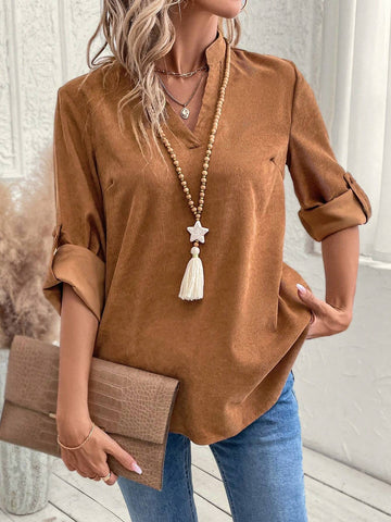 EMERY ROSE Women V-Neck Roll Sleeve Casual Shirt, Solid Color, Minimalist And Stylish EMERY ROSE Women V-Neck Roll Sleeve Casual Shirt, Solid Color, Minimalist And Stylish