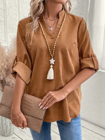 EMERY ROSE Women V-Neck Roll Sleeve Casual Shirt, Solid Color, Minimalist And Stylish EMERY ROSE Women V-Neck Roll Sleeve Casual Shirt, Solid Color, Minimalist And Stylish