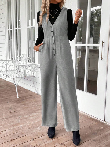 EMERY ROSE Women V-Neck Sleeveless Front Buttoned Pockets Simple Casual Jumpsuit EMERY ROSE Women V-Neck Sleeveless Front Buttoned Pockets Simple Casual Jumpsuit