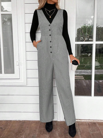 EMERY ROSE Women V-Neck Sleeveless Front Buttoned Pockets Simple Casual Jumpsuit EMERY ROSE Women V-Neck Sleeveless Front Buttoned Pockets Simple Casual Jumpsuit