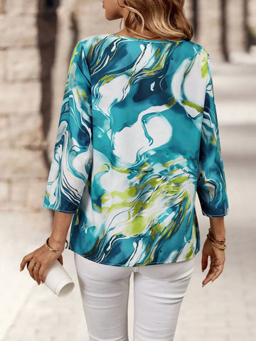 EMERY ROSE Women's Autumn Marble Print Round Neck 3/4 Sleeve Loose Blouse EMERY ROSE Women's Autumn Marble Print Round Neck 3/4 Sleeve Loose Blouse
