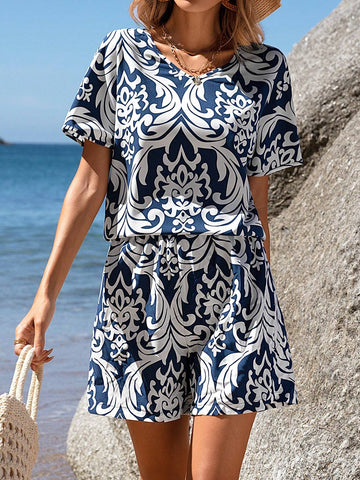 EMERY ROSE Women's Batwing Sleeve Shirt And Shorts Printed Casual Set Summer Short Women Sets Two Piece Short Set EMERY ROSE Women's Batwing Sleeve Shirt And Shorts Printed Casual Set Summer Short Women Sets Two Piece Short Set