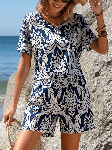 EMERY ROSE Women's Batwing Sleeve Shirt And Shorts Printed Casual Set Summer Short Women Sets Two Piece Short Set EMERY ROSE Women's Batwing Sleeve Shirt And Shorts Printed Casual Set Summer Short Women Sets Two Piece Short Set