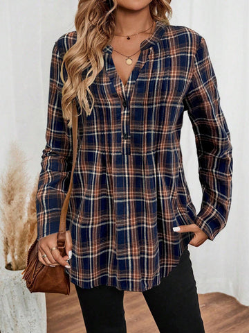 EMERY ROSE Women's Casual Daily Checkered Cut-Out Collar Shirt For Autumn EMERY ROSE Women's Casual Daily Checkered Cut-Out Collar Shirt For Autumn